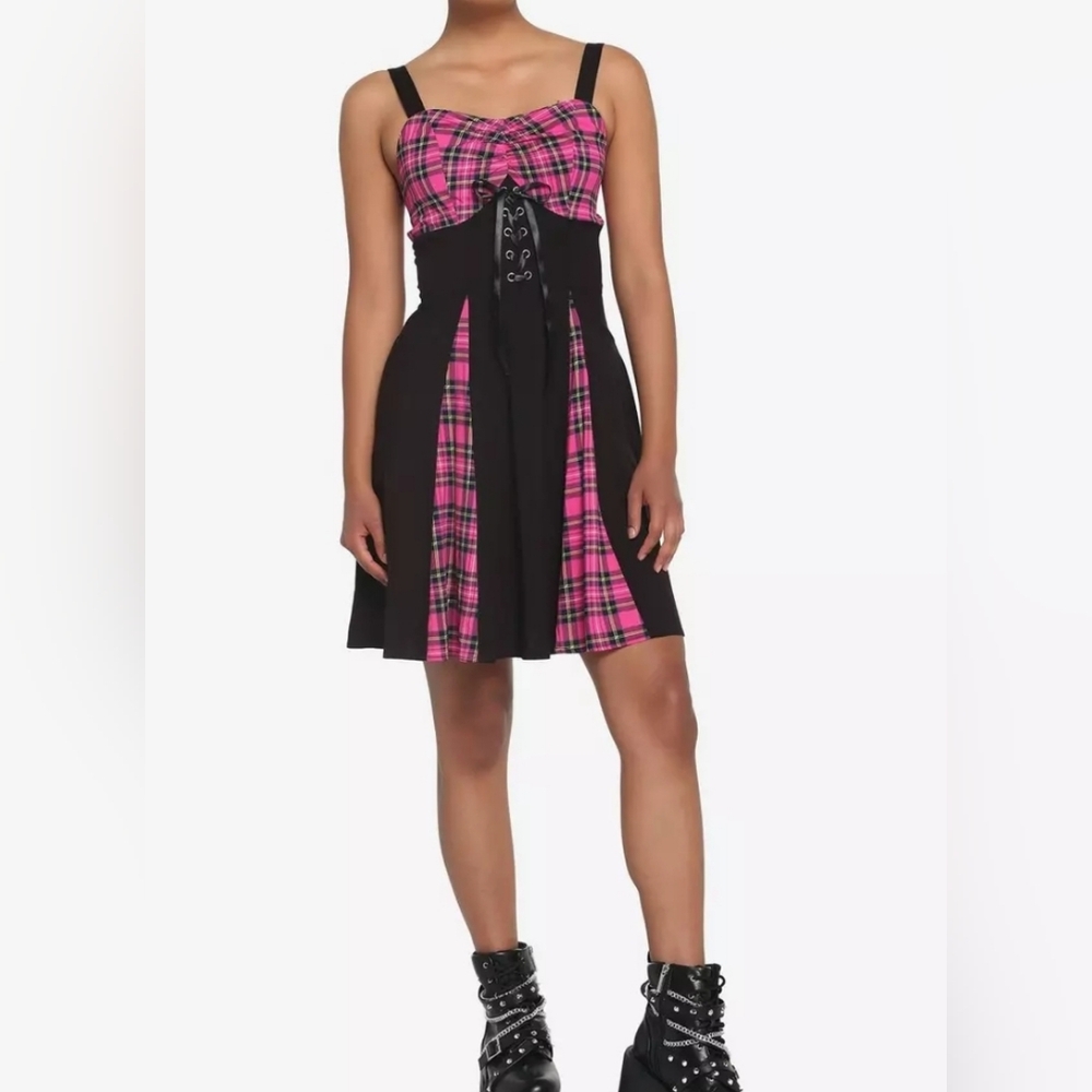 NEW Hot Topic Plaid Lace-up Whimsigoth Coquette Plaid Academia Dress Size Small
